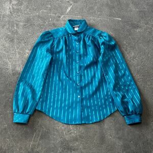 Vintage Langtry Frontier Blouse Womens 8 Blue Stripe Western Cottage Lightweight